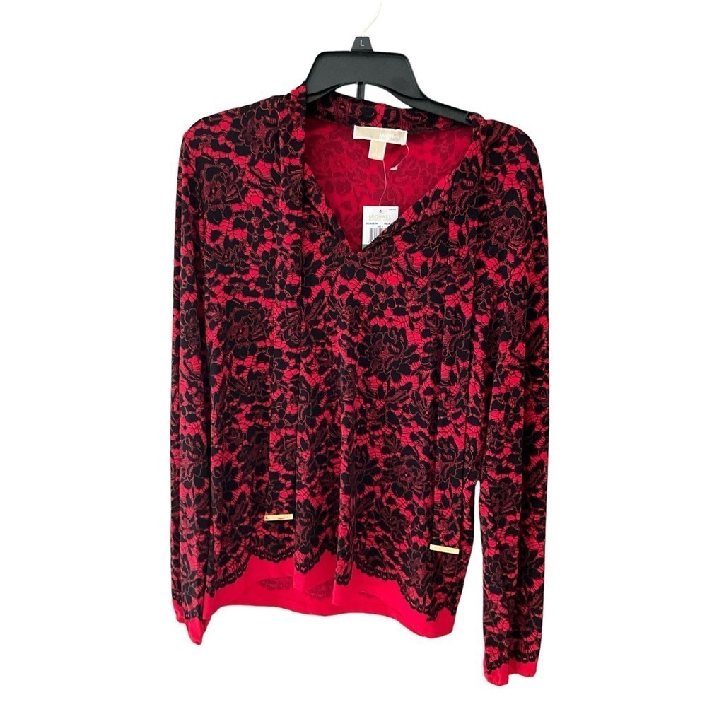 Michael Kors Blouse Top Women‎ SZ L Red/Black Floral V-Neck Long Sleeve Pullover